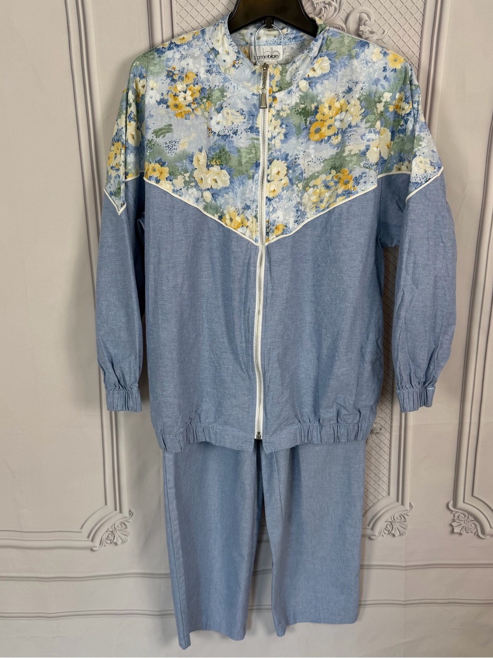 Bonnie Blain L Blue Chambray Floral Two Piece Pant Set Jacket Vintage Cottage